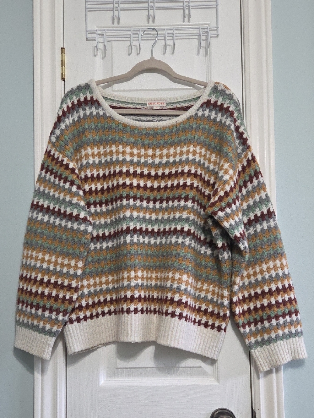 Knox Rose Cream Striped Crewneck Sweater with Mustard, Teal & Burgundy